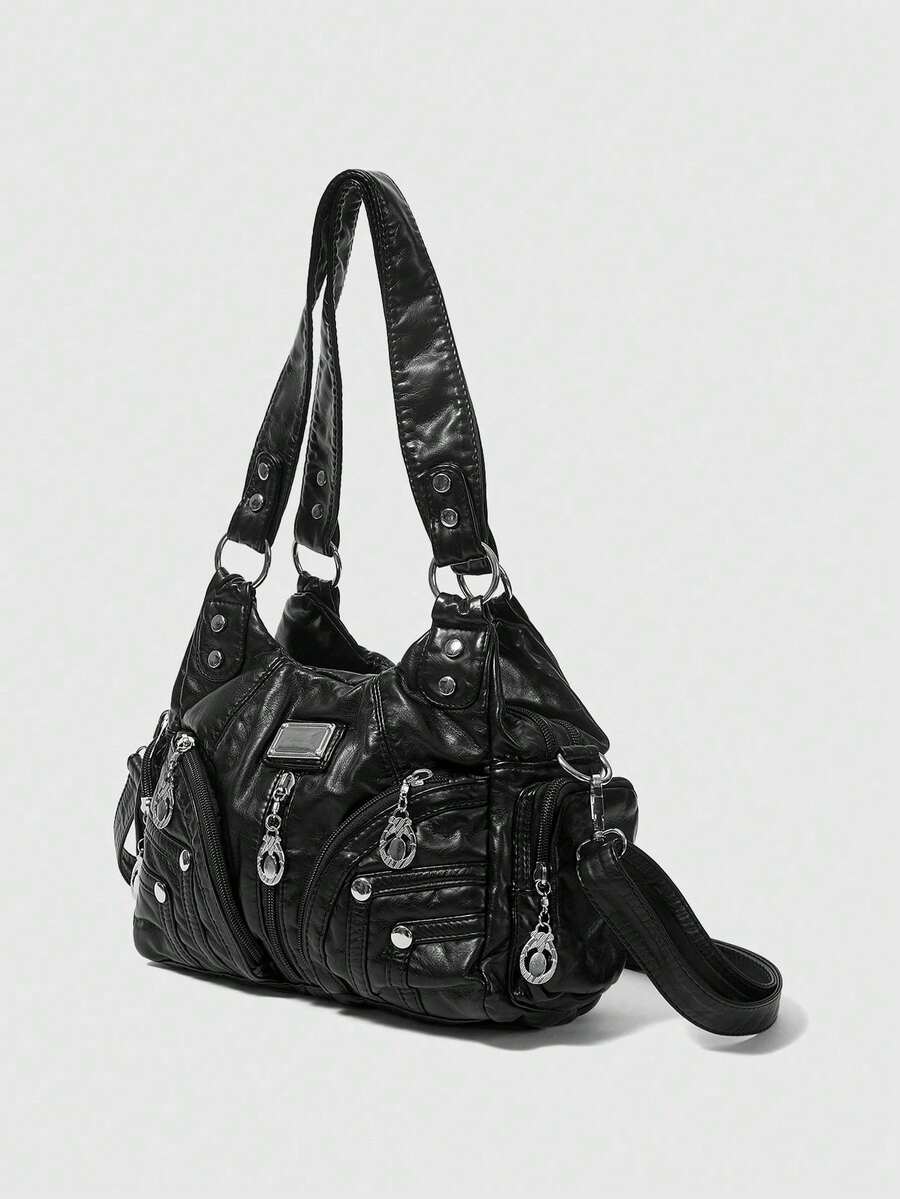 Bolso de Hombro ROMWE Grunge Punk New Punk Rock Chic para Mujer, Bolso de Mano Darkcore Estilo Motociclista para Mujer, Nuevas Bolsas Grandes de Moda para Mujer, Gótico - Celeste - Ver 1