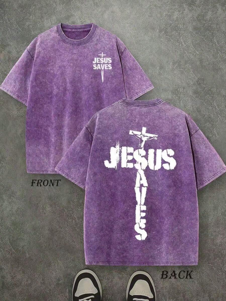 Jesus Graphic Print T-Shirt 'God Has A Plan', Double-Sided Print, Washed T-Shirt, Party Favors, Y2K Graphic Tees For Men, Vintage Washed Style T-Shirts - 紫色 1 - 查看 1