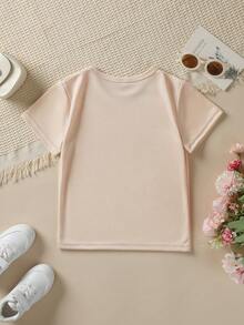 Girls' Short-Sleeved T-Shirt, Spring-Summer Style, With Easter Cartoon Print: Bow, Rabbit, Heart, Colorful Glasses And Bubbles, Versatile Casual Top NY-DX5438 - 卡其色 - 查看 2