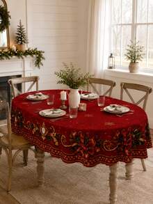 1 Stück luxuriöse rote und goldene Stechpalmen-Schleife mit verzierter Randdruck runde Tischdecke - ideal für formelle Feiertagsdekoration, Heimdekoration, Raumdekoration, Garten, Küche, Hochzeit, elegantes Weihnachtsessen & Neujahrsfeier - Verschiedenfarbig - Übersicht 7