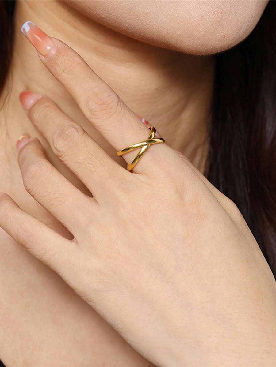 2026 女款不鏽鋼金色戒指，耐褪色，熱門派對風格，個性誇張迷人珠寶禮物 - 款式2 - 查看 1