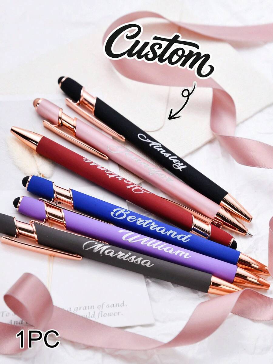1 pièce Stylo à bille de luxe personnalisé avec texte/logo, toucher doux, or rose, caoutchouc premium, corps en alliage d'aluminium, parfait comme cadeau pour les demoiselles d'honneur, les femmes, les étudiants, les enseignants, la famille et les amis - Multicolore - Voir 1