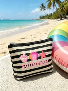 1/2件組條紋托特包與化妝包套裝，印有「Summer」圖案，適合度假、旅行、通勤、購物，送給家人與朋友的禮物 - 彩色 - 查看 14