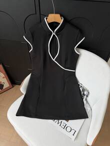GMFP Women's Spring/Summer Casual Elegant Fashion Black Woven Dress, Contrast Trim, Suitable For Daily Wear, Vacation Season, Graduation Season, Halloween Party - Black - View 8
