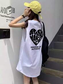 Women's Fashionable Summer Loose Casual Versatile Letter & Heart Print Tank Top White - White - View 6