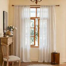 1pc Polyester Cotton Blend American Style Tassel Curtain, Pastoral Country Style, 2026 New Versatile Breathable Sheer Curtain For Living Room Bedroom Room Decoration - White - View 1