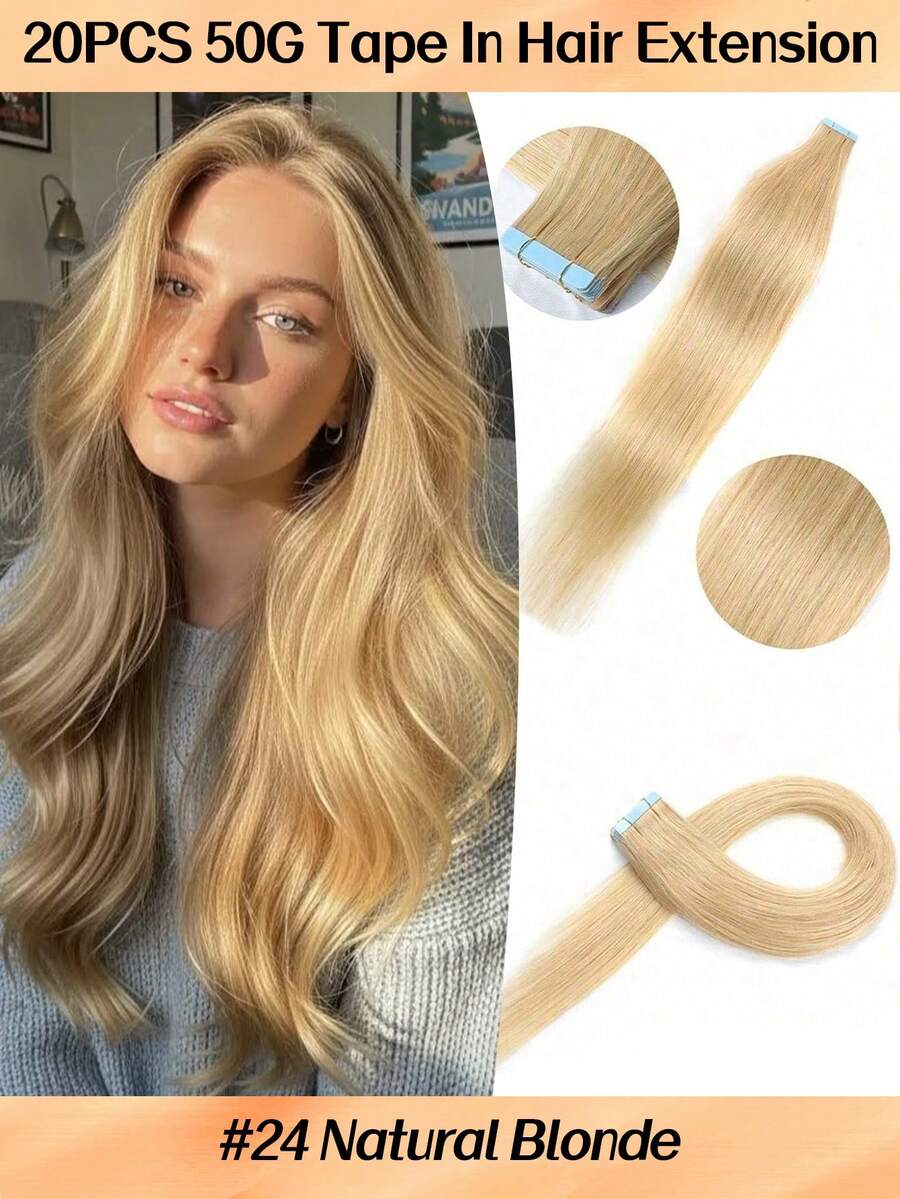 Jessie's Selection 20pcs/Pack 50g Tape In Hair Extensions Skin Weft Remy Silky Straight Seamless Invisible Tape Adhensive 150Grams 100% Human Hair Extensions For Volume Add Length Luxury Quality Affordable Cost Salon Quality (#24 Natural Blonde) - S24 - 查看 1
