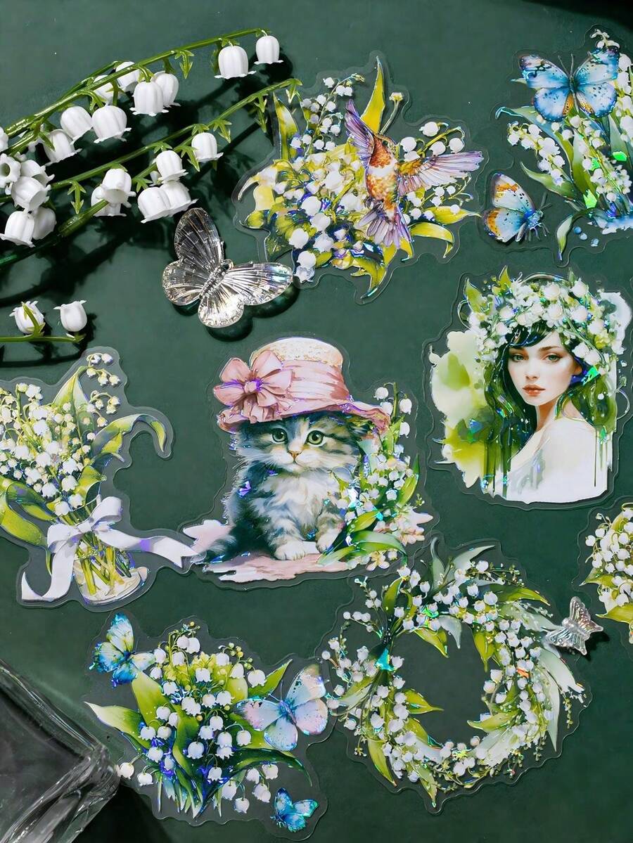 1套/5件綠色系美學貼紙，花朵、貓咪裝飾閃亮貼紙，DIY手工貼紙，手帳用品，美術用品，行李箱、剪貼簿、水壺、筆電、電腦、滑板、筆記本，手工愛好者，返校開學用品