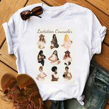 Camiseta estampada a la moda, linda camiseta negra, camiseta gráfica interesante para mujer con diseño de chica africana de cabello rizado negro. - Blanco - Ver 5