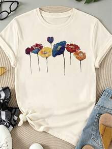 Women's Round Neck T-Shirt, Colorful Flowers Abstract Art Graphic, Casual And Fashionable Style, Suitable For Outdoor Sports And Holiday Gifts - 杏色 - 查看 7