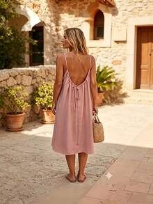 Perfect For Your Vacation! Midi Dress With Thin Straps, Open Back With Drawstring, Lightweight Fabric That Flatters Your Figure. - 紅色 - 查看 2