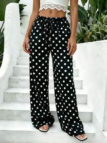 1pc Polka Dot Print Pocket Casual Pants, Suitable For Home, Daily Wear, Festivals, Singles Party, Spring/Summer All Seasons Black - Black - View 3