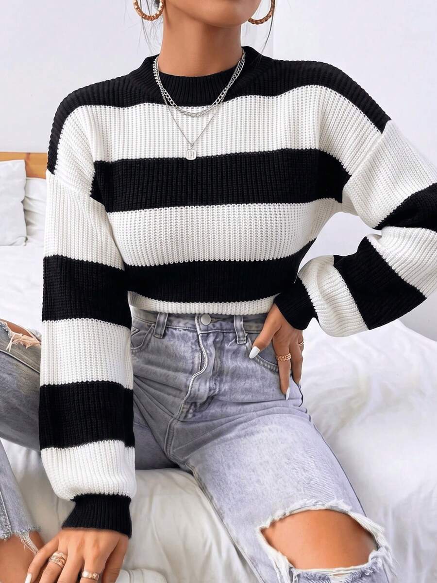 Women's Cropped Striped Sweater With Dropped Shoulders, High Crew Neck And Long Sleeves In Ribbed Knit, Ideal For Autumn And Winter. - Black - View 1