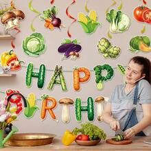 Vegetable Themed Party Backdrop Decorations Set, Paper Happy Birthday Banner & PVC Hanging Swirls, Farm Veggie Mini Wall Background Decor For Kids First Birthday Garden Party - View 3