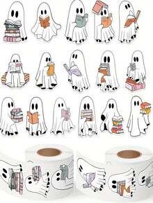 Halloween Book Ghost Roll Stickers, Cute & Quirky Reading Ghost Label Stickers For Gift Decoration - A - View 6