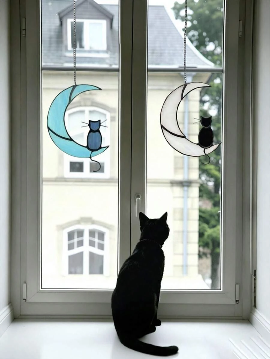 1 pieza Adorno colgante de ventana con gato en la luna, decoración del hogar para ventana interior y porche, decoración de fiesta, regalo único y creativo para amantes de gatos y dueños de mascotas, regalo de cumpleaños y festivo, regalo decorativo para familia, amigos, hogar, dormitorio, porche y jardín - Dos gatitos - Ver 1