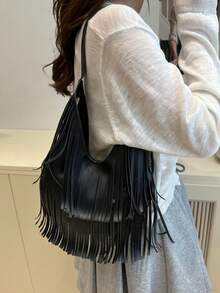 1pc Solid Color Suede Fringe Shoulder Bag, Retro Fashion Large Capacity Commuter Bag, High-Quality Stylish Shoulder Bag - Black - View 3
