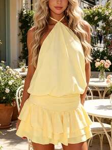 Summer Halter Dress For Women Sleeveless Ruffle Open Back Tiered Layered Chiffon Pleated A Line Swing Mini Dress - Màu vàng - Xem 3