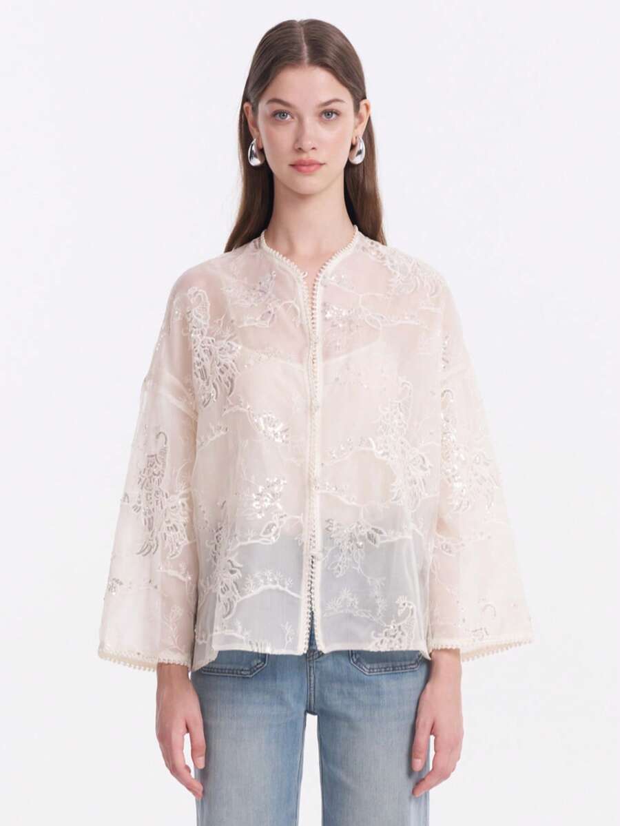 Rich Radi Q's Elegante cárdigan de punto de manga larga estilo chino blanco para mujer con exquisito bordado y cuello alto, ajuste regular - Blanco - Ver 1
