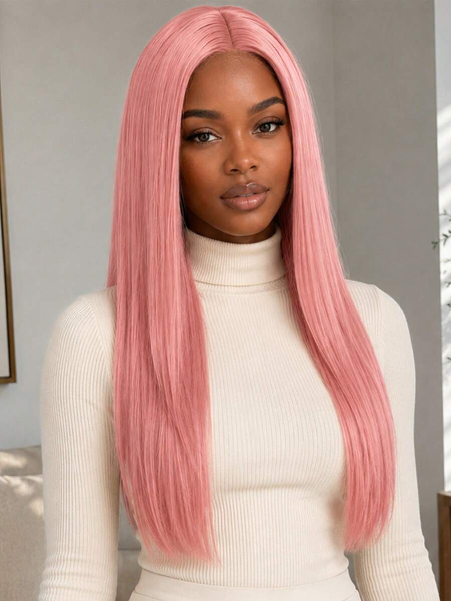 28 Inch Women's Pink Straight Hair Wig, Middle Part No Bangs, High Temperature Resistant Synthetic Fiber, Elegant Versatile, Suitable For Halloween Cosplay And Party Styling - Pink - View 1