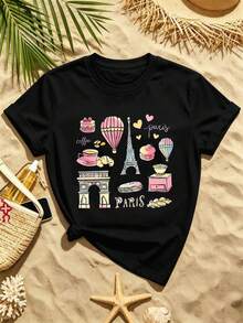 T-Shirt With Paris-Eiffelturm-Grafik, Premium-Material, Grafikdesign, L?Ssig, Atmungsaktiv, Neuheit - Black - View 2