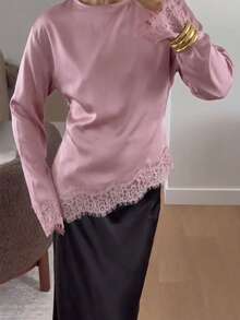 女士优雅通勤缎面衬衫，蕾丝拼接圆领长袖系腰上衣，纯色梭织蕾丝拼接不对称/不对称优雅办公日常约会款（白色半透明）粉色 - 粉色 - 查看 6
