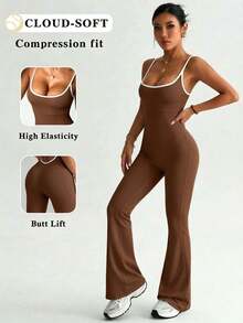 Damen Sommer Jumpsuit mit ausgestelltem Bein, elastische Yoga Hose, sexy rückenfreier Jumpsuit, unverzichtbar für Fitness, Pendeln, Streetwear und tägliche Outfits Sport - Braun - Übersicht 2