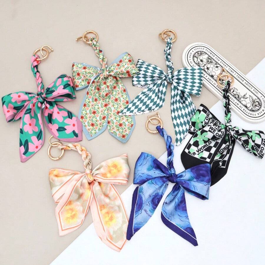 1pc Women's Fashion Versatile Multi-Color Silk Scarf Bow Handmade Woven Pendant, Exquisite Bag Decoration Accessory, Personalized Car Hanging Slouchy Keychain Ribbon, Anti-Loss Convenient Hanging, Suitable For Dates, Gatherings, Birthday Parties - Multicolor - View 1