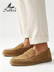 Salkin 經典設計師男士莫卡辛素色麂皮套腳便士樂福鞋，柔軟皮革紳士商務社交鞋，男士休閒鞋，適用於日常辦公、派對、情侶約會、浪漫晚餐、返校學生鞋，校園風，請選擇大一號 - 卡其色 - 查看 8