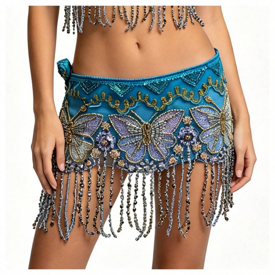 1pc Women's Deep Blue Satin Embroidered Butterfly Waist Chain With Sequins & Beaded Fringe - Belly Dance, Festival, Rave, Coachella, Boho, Beach Party Body Jewelry - Multicolor - View 1