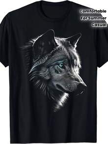 Men's Soft T-Shirt With Awesome Wolf Face Graphic - Casual, Comfortable, Machine Washable - Ideal For Summer, New Year's, And Valentine's Day Gifts, Crew Neck T-Shirt - 黑色 - 查看 1