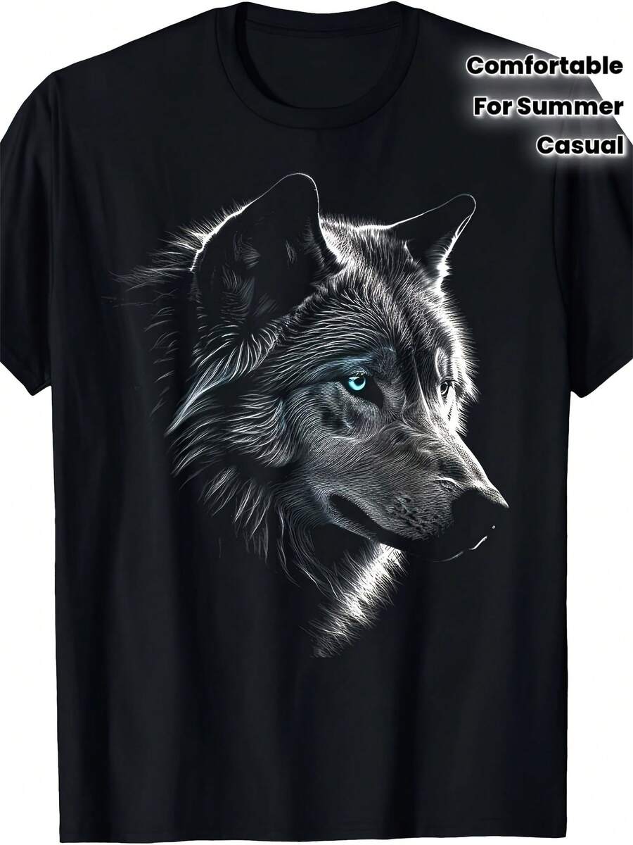 Men's Soft T-Shirt With Awesome Wolf Face Graphic - Casual, Comfortable, Machine Washable - Ideal For Summer, New Year's, And Valentine's Day Gifts, Crew Neck T-Shirt - 黑色 - 查看 1