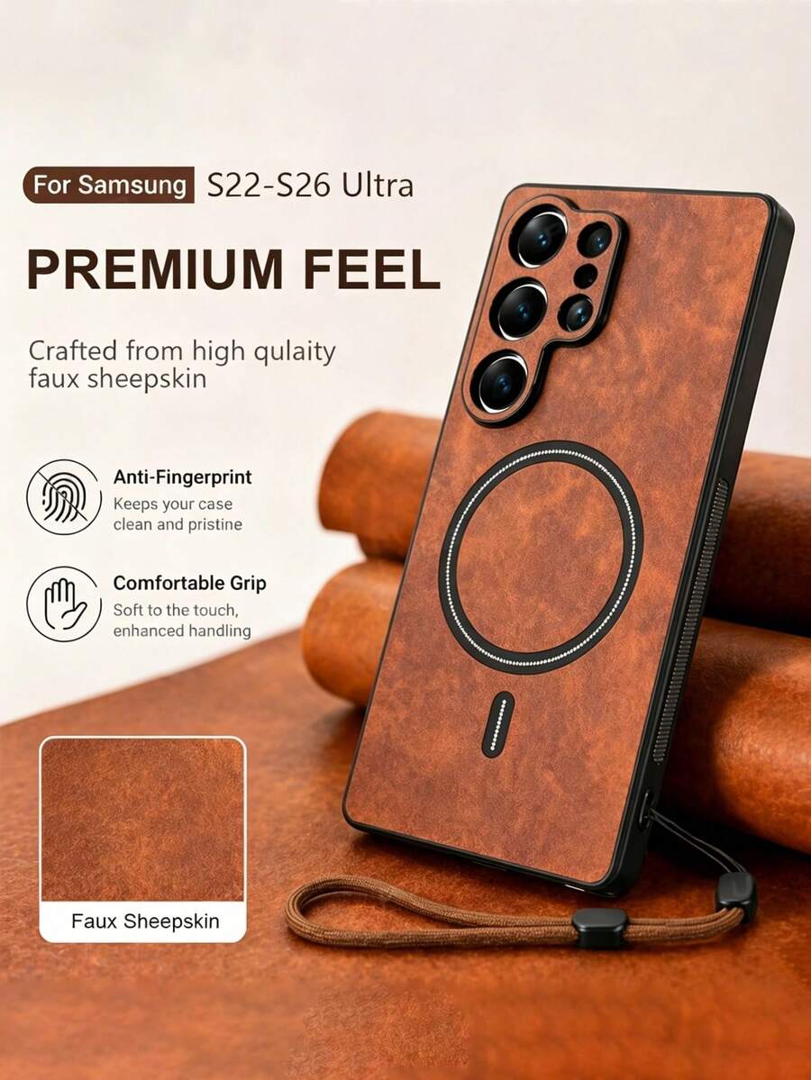 奢華啞光仿羊皮皮革磁吸無線充電手機殼，適用於 Galaxy S26 Ultra S24 S25 Ultra S23 Ultra S22 Ultra，親膚觸感，相機保護，防震裝甲商務保護殼，附掛繩