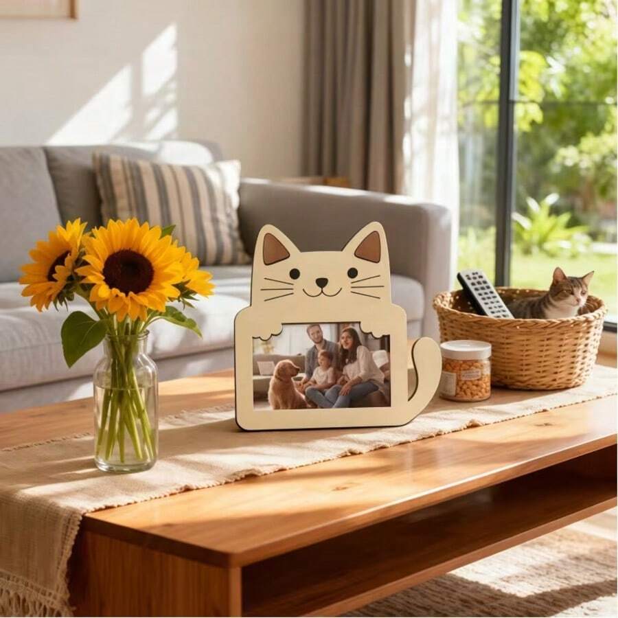 2D Flachdruck, süßer katzenförmiger Holz-Fotorahmen, perfekt für Haustier- und Familienfotos, verleiht Ihrem Raum einen Hauch von und Wärme - A - Übersicht 1