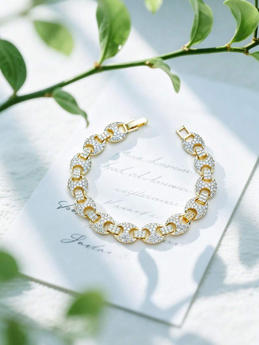 1pc Cubic Zirconia Inlaid Coffee Bean Cuban Style Bracelet, Suitable For Teenagers To Match Any Outfit, Party Club Accessory, Hip-Hop Style - Eight-character Chain - View 1