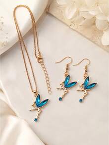 1 Set 3pcs Necklace & Earrings Set, KC Gold-Tone Rhinestone Inlaid, Fairy Elf Design, Iron Chain Zinc Alloy Pendant With Rhinestones, Cute Elegant Pastoral Style, Suitable For Daily Wear, Music Festivals, Gifts, Holiday Celebrations - Elves - View 4