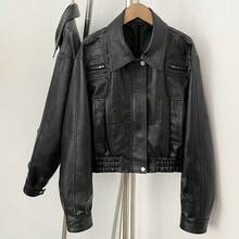 OFTBUY Solid Color Women's Short PU Leather Jacket With Lapel Collar, Zipper And Elastic Hem, Casual Commute Style For Autumn/Winter - Black - View 5