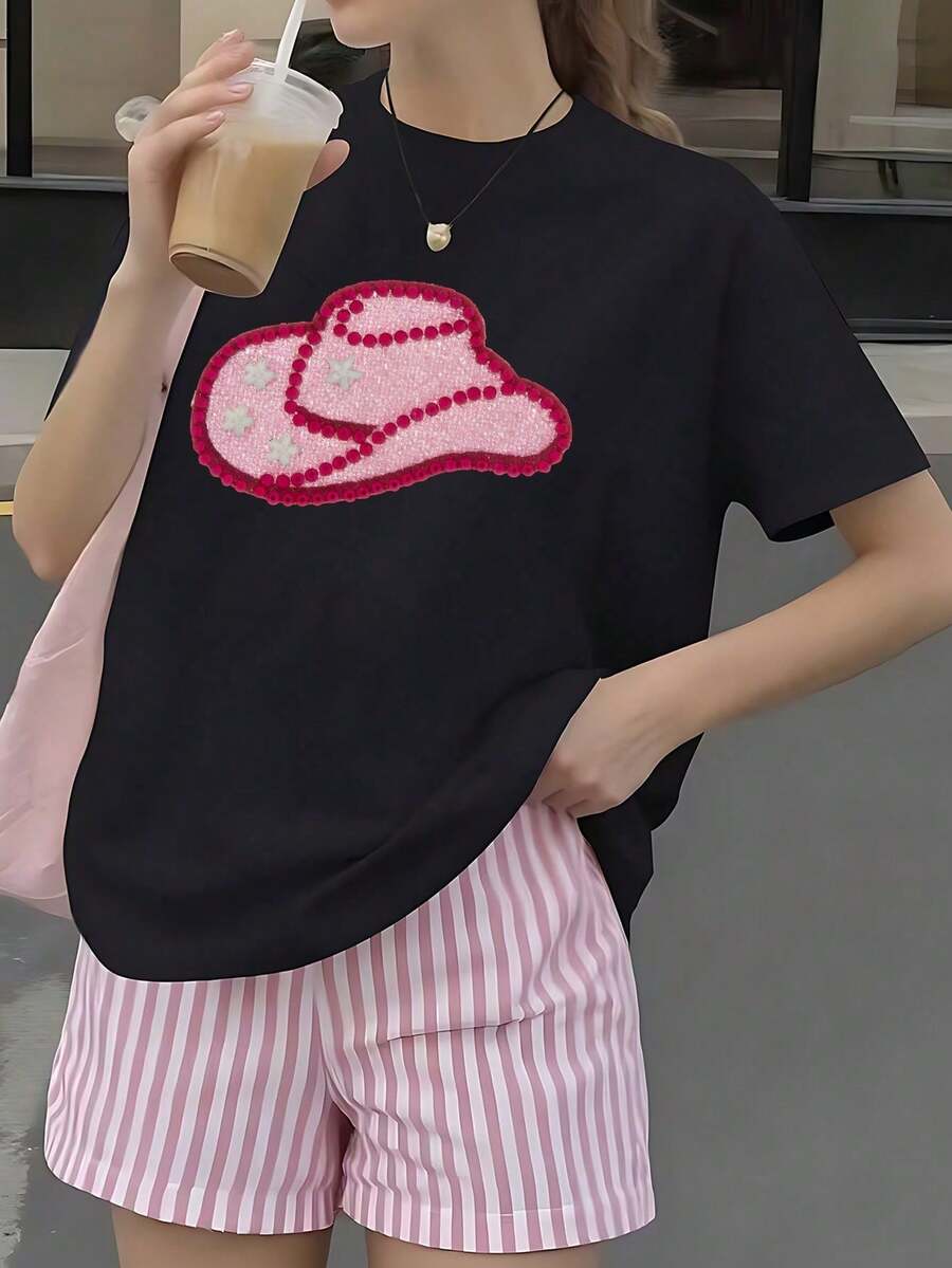 New Women's Shirt, Paired With A Sparkly Cowboy Hat, Western Style Starry Sky Design, Vacation Top, Fashionable Casual T-Shirt - Unisex T-Shirt - 黑色 - 查看 1
