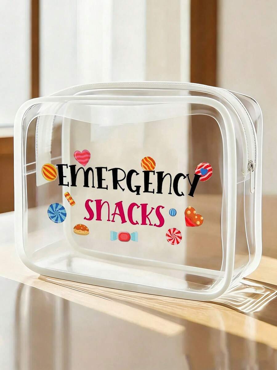「Emergency Snack」字母印花 PVC 化妝包,拉鍊密封 PVC 旅行收納袋,輕量耐褪色化妝盥洗包,適合女性與女孩,TSA 認證便攜化妝收納盒,易擦拭清潔,適合母親、老師、朋友、護理師等使用者,女性好友禮品袋,學校與度假旅行必備盥洗包,防水盥洗包 - 彩色 - 查看 1