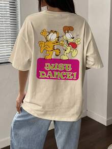 SHEIN | Garfield Women's Beige Double-Sided Tee, Dancing Cat & Dog Front Small Logo Back JUST DANCE Color Slogan Print Loose Short Sleeve - Apricot - View 2