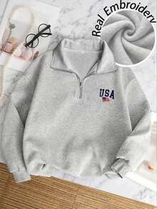 女款秋冬新款美式極簡 USA 印花休閒半拉鍊運動衫，時尚百搭日常穿著秋季風格 - 深花灰 - 查看 4