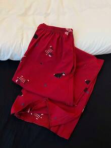 Women's Red Cartoon Puppy Print Pajama Set, Long Sleeve Top With Padded Chest And Long Pants, Cardigan Style Loungewear, New Design, Suitable For Outdoor Wear, Random Print - Red - View 5