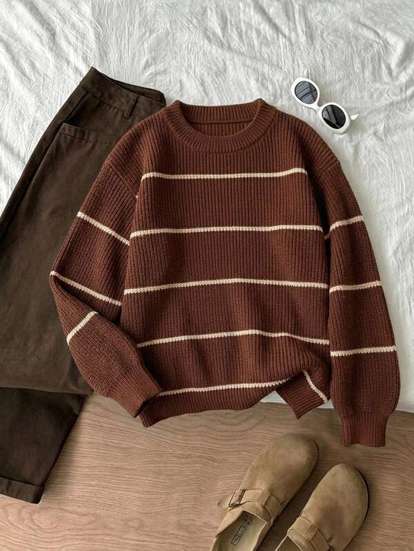 1pc Girls/Teenagers Round Neck Knitted Sweater Striped Contrast Color Design Autumn/Winter