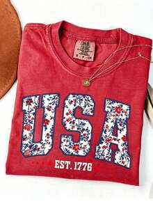 Cute Gingham Floral USA Bow T-Shirt, 4th Of July Casual Tee,Event Support T-Shirts,Suitable For Both Celebrations And Everyday Wear - 紅1 - 查看 1