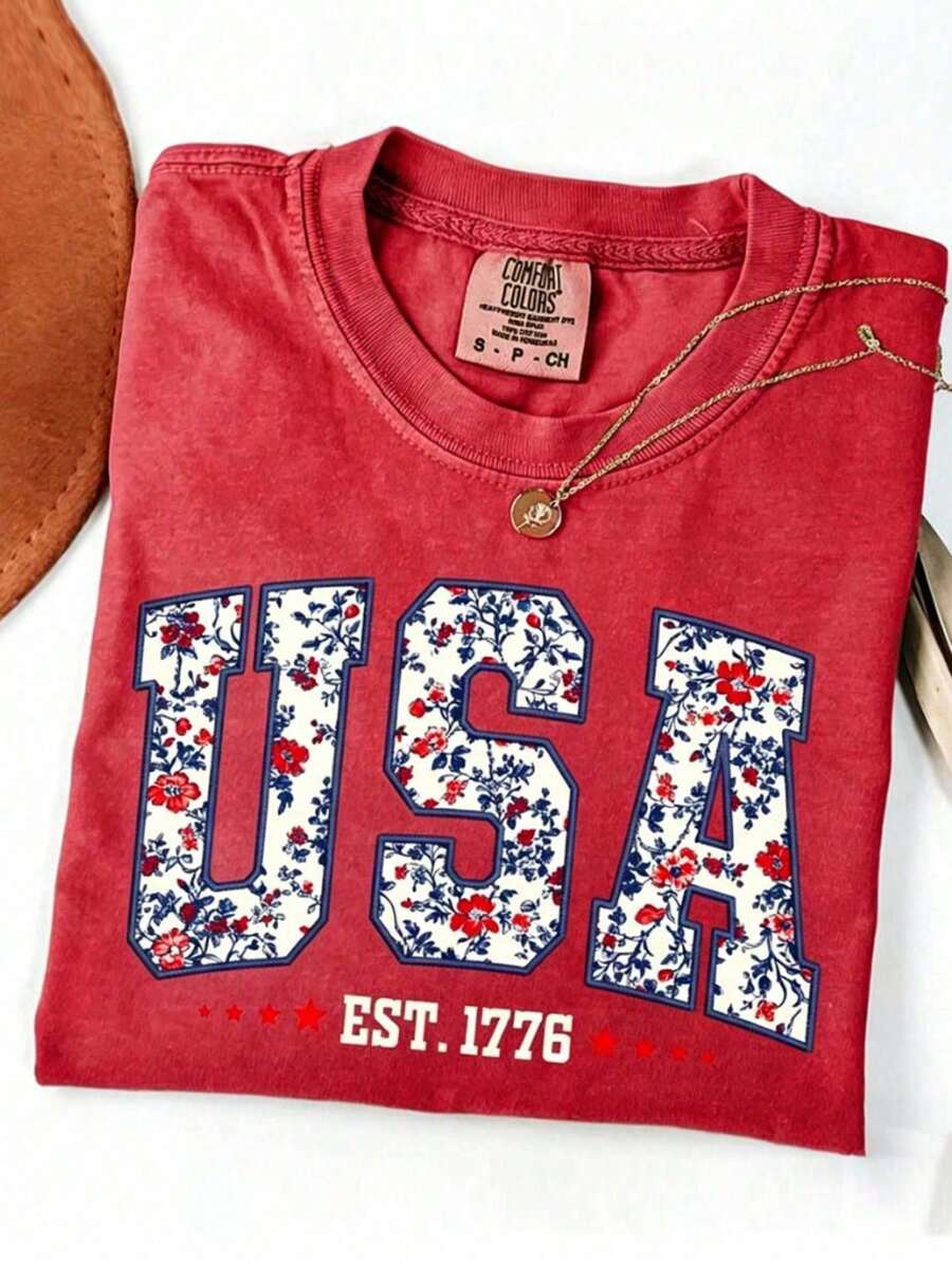 Cute Gingham Floral USA Bow T-Shirt, 4th Of July Casual Tee,Event Support T-Shirts,Suitable For Both Celebrations And Everyday Wear - 紅1 - 查看 1