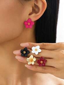 5 Pairs Delicate Small Dopamine Color Vacation Style Flower Shaped Stud Earrings For Teens, Suitable For Daily Wear/Vacation Travel/Birthday Gift For Friends - Multicolor - View 3
