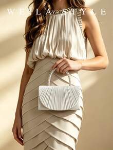 Elegant Silver Satin Pleated Evening Clutch Bag With Rhinestone And Pearl Handle, High-End Bridesmaid Wedding Dress Bag, Sophisticated Lady Crossbody Small Square Bag With Detachable Chain, Suitable For Formal Banquets, Balls, Parties, Holiday Celebrations, Dates, Social Events, Anniversary, Valentine's Day, Christmas, Mother's Day, Thanksgiving, Birthday Gift - Silver - View 7