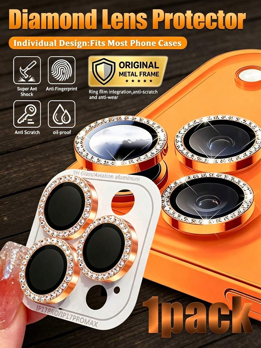 Gorilla Hero 1入裝 適用於 iPhone 橘色亮面水鑽相機鏡頭保護貼，個性化、防水、防塵、防震、耐刮、防碰撞、無痕，採用高級黏膠，不易脫落，相容 iPhone 17 Pro Max/17 Pro/17 Air/17/16 Pro Max/16 Pro/16 Plus/16/15 Pro Max/15 Pro/15 Plus/15/14/13/12 及其他機型