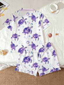 2pcs/Set Kids Dreamy Purple Sea Turtle Pajamas, New Style Collared Short Sleeve Shirt And Loose Elastic Waist Ruffle Hem Shorts Set, Printed With Dreamy Purple Sea Turtle And Ocean Bubble Patterns, Suitable For Children And Teens Daily Wear And Party - White - View 2