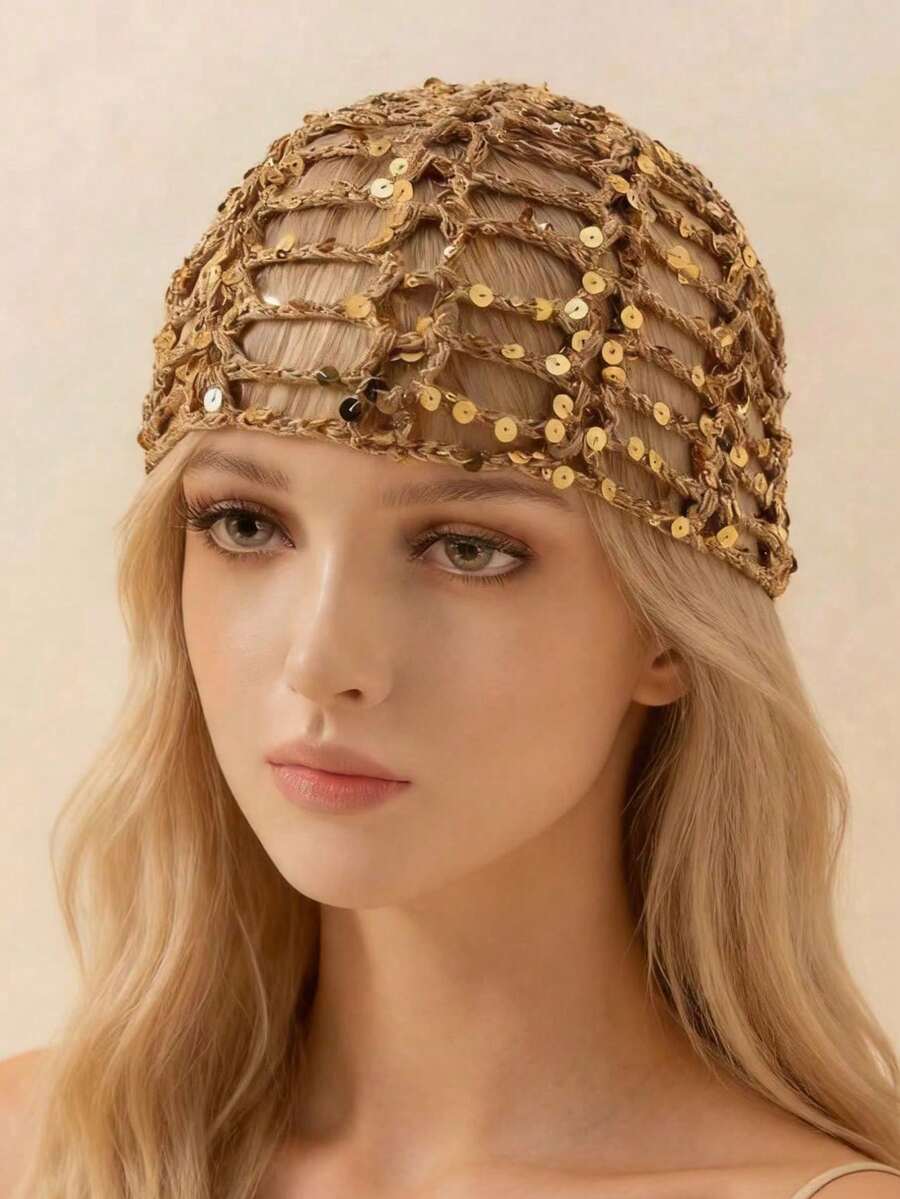 Red Openwork Knit Hat With Mesh And Sparkling Sequins, Bohemian Party Accessory For Women Spring-Summer, Photoshoot Prop - Brown - View 1